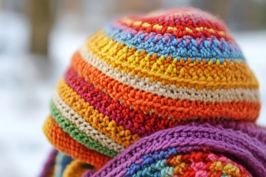 Colorful handmade knitted winter hat and scarf keeping warm in winter photo