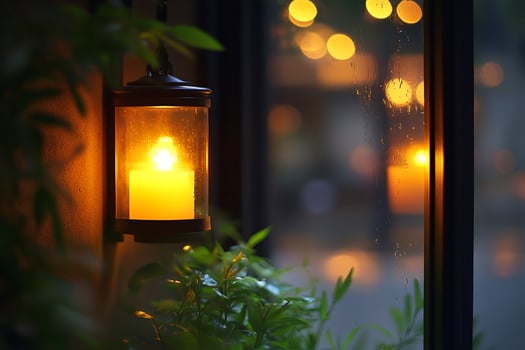 Candle lantern illuminating rainy evening through window photo