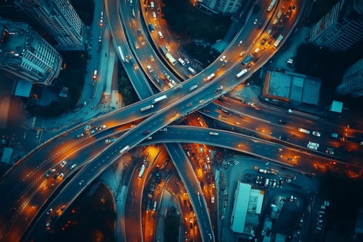 Highway interchange traffic flowing at dusk, aerial view of urban mobility photo