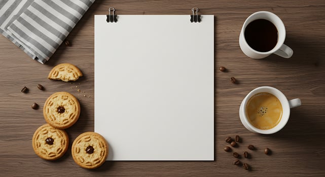 Blank paper with coffee and cookies on a wooden table top view photo