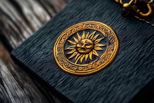 Golden sun emblem shining on dark leather book cover photo