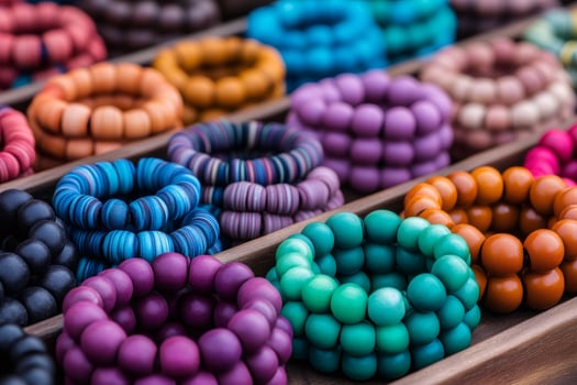 Colorful wooden bracelets displayed on a wooden shelf, representing fashion and craftsmanship photo