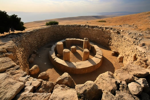 Rujm el hiri showing standing stones and the sea of galilee in the distance photo