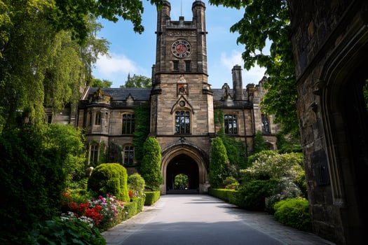 Majestic university campus building with clock tower and lush gardens photo