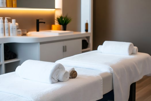 Massage table with clean towels in modern spa room photo