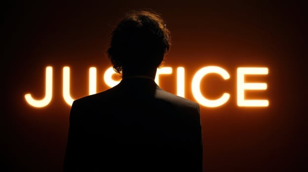 Silhouette of a lawyer against a glowing justice sign in dim lighting photo