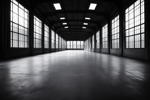 Empty industrial warehouse with large windows and concrete floor photo