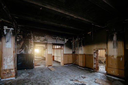 Burnt interiors after fire in industrial or office building. photo