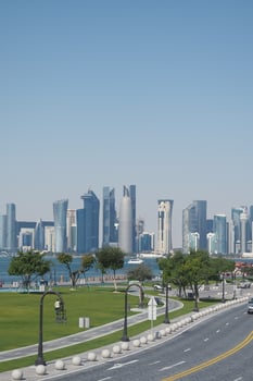 Qatar Doha 2 february 2025, Modern skyline view of Doha with greenery and clear blue sky photo
