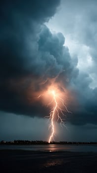 Dramatic lightning strikes over dark, stormy sky above cityscape photo