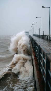 Powerful waves crash against pier during stormy day photo