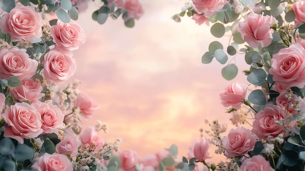 Romantic Bouquet Featuring Soft Pink Roses, Eucalyptus Leaves, and Tiny White Flowers Against a Dreamy Pastel Background photo