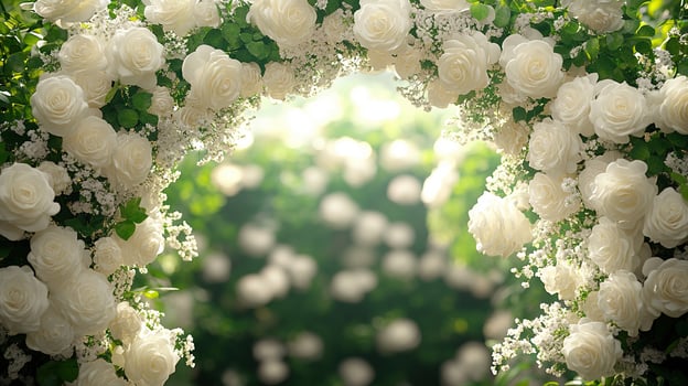 Romantic White Rose Wedding Arch with Baby's Breath Florals and Green Foliage Framing Sunlit Garden Background photo