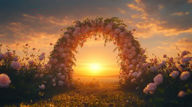 Romantic Floral Wedding Arch Covered in Blush Pink Roses at Sunset in a Blooming Garden Landscape photo