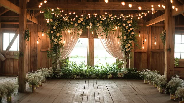 Rustic Indoor Wedding Ceremony Setup with Hanging String Lights, Wooden Beams, and Elegant Floral Drapery photo