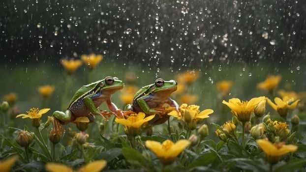 Two frogs on yellow flowers under rain, showcasing nature's beauty and tranquility. photo