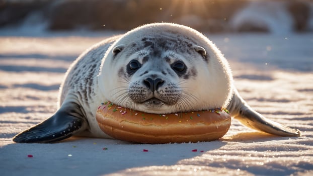 A playful seal resting on a giant donut, capturing a whimsical and cute moment. photo