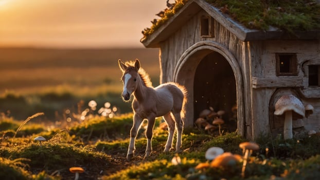 A young horse stands near a whimsical wooden house surrounded by nature at sunset. photo