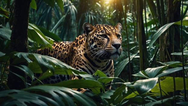 A jaguar poised amidst lush greenery in a vibrant jungle setting. photo