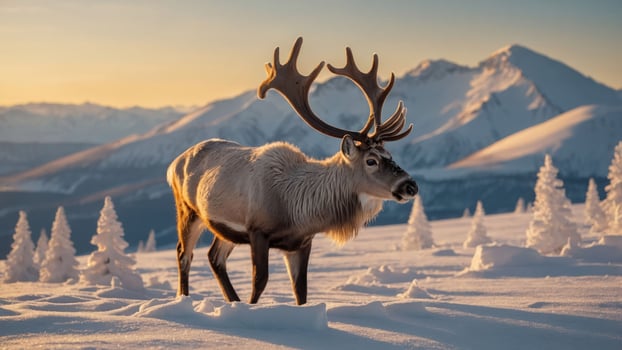 A majestic reindeer stands in a snowy landscape during sunset, surrounded by mountains. photo