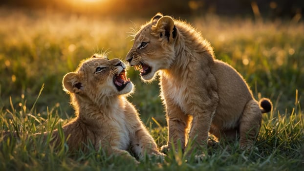 Two playful lion cubs engage in a friendly confrontation at sunset in a grassy field. photo