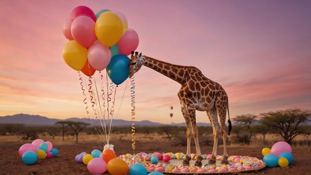 A whimsical scene featuring a giraffe surrounded by colorful balloons at sunset. photo
