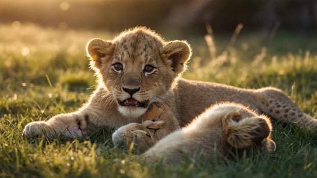 Two playful lion cubs lounging in the grass during golden hour. photo