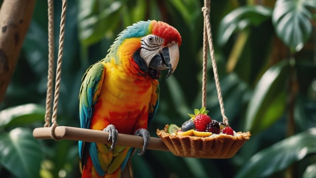 A colorful parrot perched on a swing, enjoying a fruit tart in a lush green setting. photo