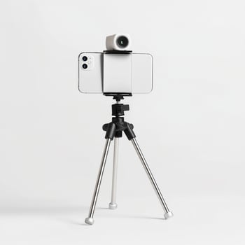 smartphone mounted on tripod with camera attachment, set against clean white background, ideal for photography or recording photo