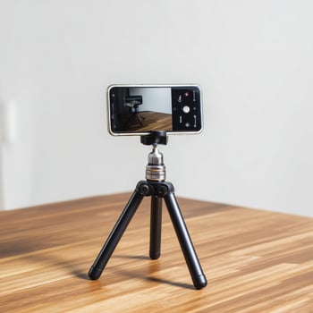smartphone mounted on tripod, positioned on wooden table, capturing reflection in minimalist setting photo
