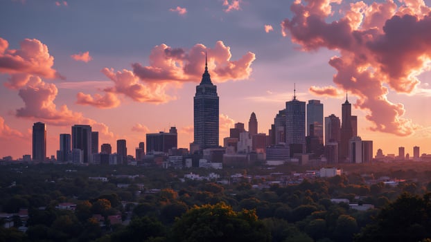 Sunset City Skyline with Vibrant Clouds over Urban Landscape photo