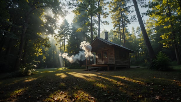 Cozy Cabin in Sunlit Forest with Soft Smoke Rising from Chimney photo