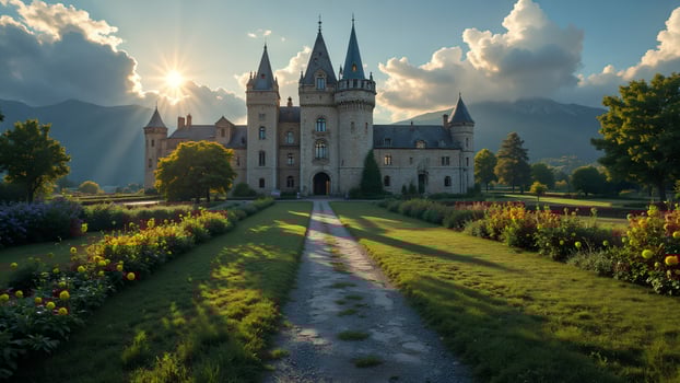 Majestic Castle Surrounded by Lush Gardens and Breathtaking Mountains photo