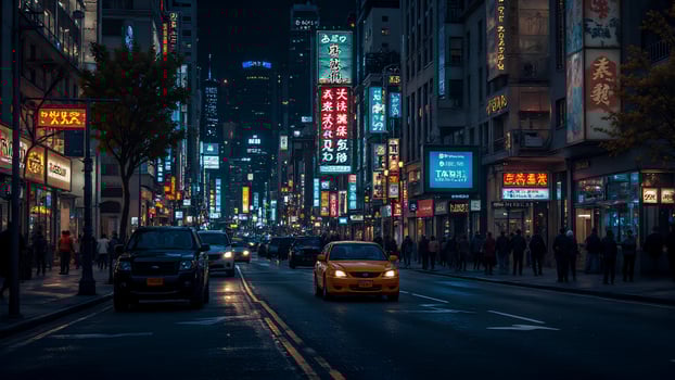 Vibrant Nightlife in Urban Cityscape with Neon Signs photo