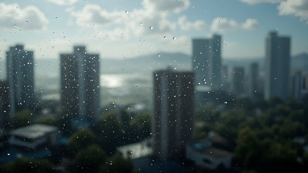 Urban Landscape with Raindrops on Window and City Skyline View photo
