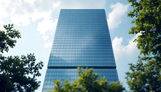 Minimalist glass skyscraper rising above treetops photo