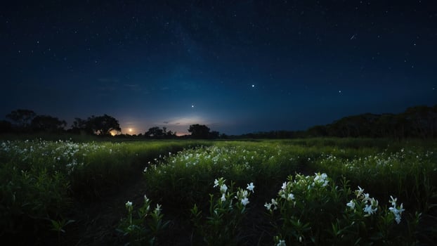 A serene night landscape featuring a field of flowers under a starry sky. photo