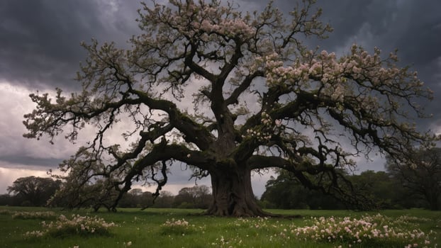 A majestic flowering tree stands against a dramatic sky, embodying nature's beauty and resilience. photo