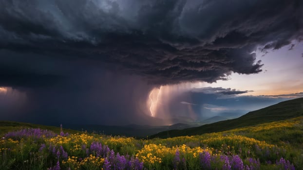 A dramatic landscape featuring a stormy sky with lightning, surrounded by vibrant wildflowers. photo