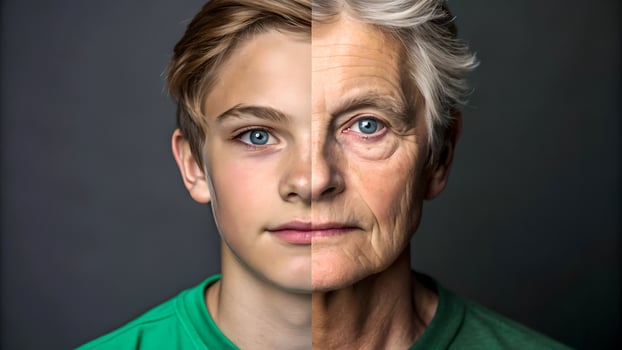 Young to Old Age Transformation Portrait Split Face photo