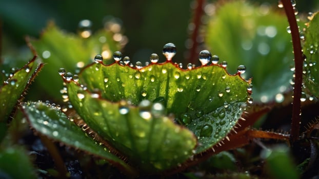 Close-up of green leaves adorned with water droplets, showcasing nature's beauty and detail. photo