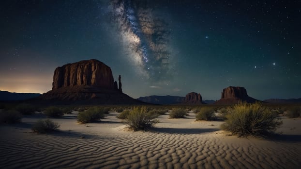 A stunning night sky over desert rock formations, showcasing the Milky Way and serene sand dunes. photo