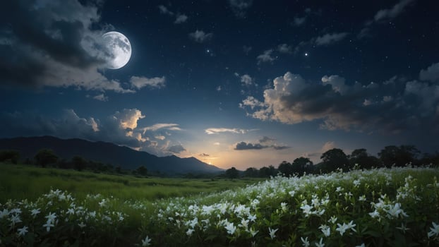 A serene night landscape featuring a full moon, starry sky, and a field of white flowers against distant mountains. photo