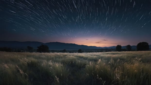 A serene night landscape with star trails illuminating the sky over a grassy field and distant mountains. photo