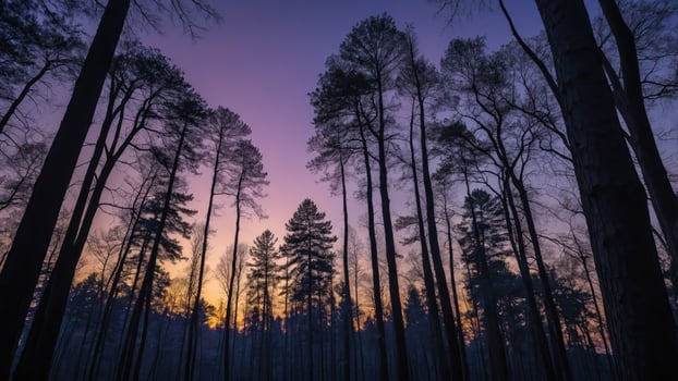 A forest at sunset with tall trees photo