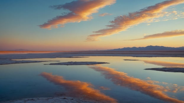 A serene landscape at sunset, featuring colorful clouds reflected in calm water. photo