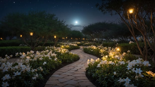 A serene garden path illuminated by lanterns, surrounded by blooming flowers under a starry night sky. photo