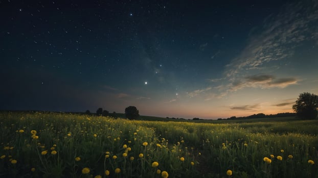 A serene night sky over a field of dandelions, blending nature and celestial beauty. photo