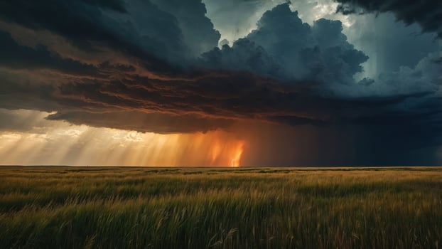 A dramatic stormy sky with dark clouds and rays of light illuminating a grassy landscape. photo