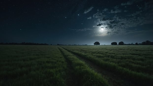 A serene night landscape with a moonlit sky and grassy field, featuring a winding path under the stars. photo
